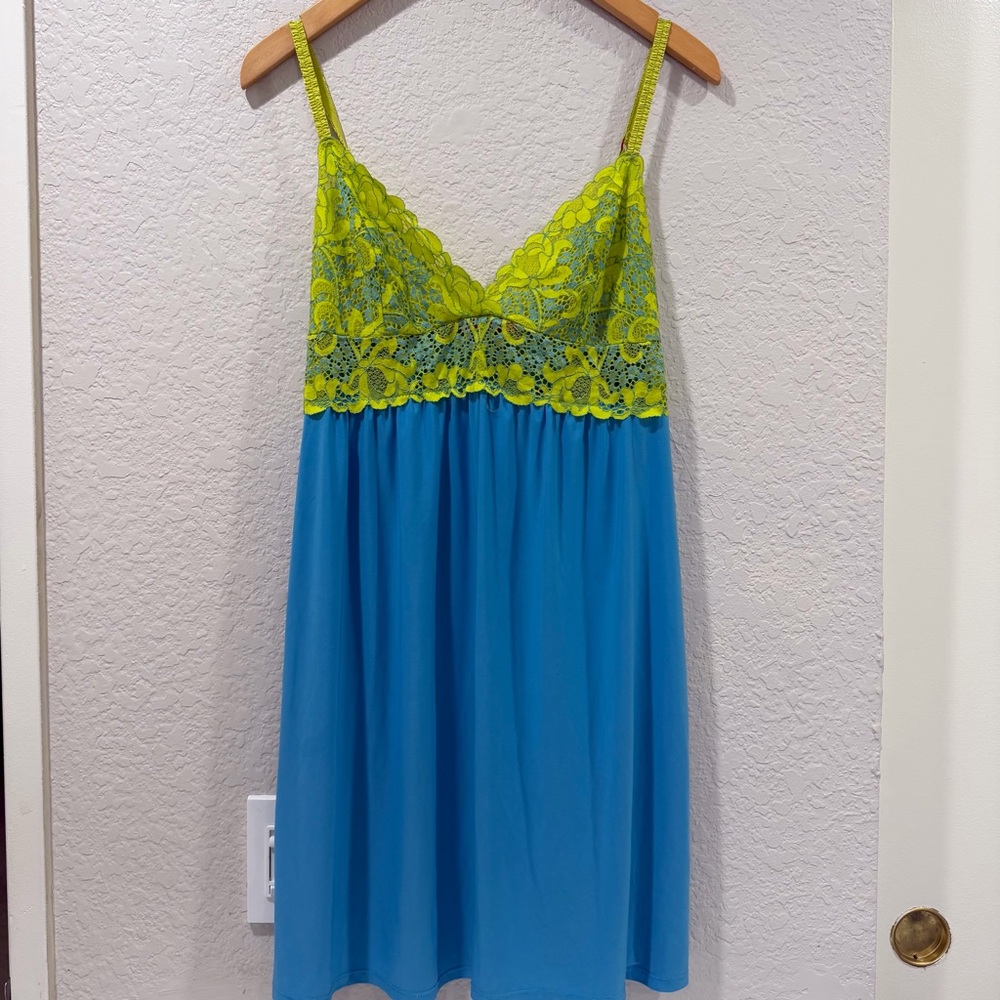 Josie Natori Y2K Lace Slip Dress Satin Chemise Green Blue Size Small